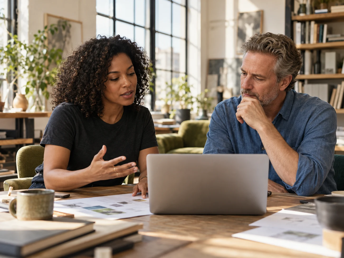 Illustrative scene of two professionals working through a business challenge