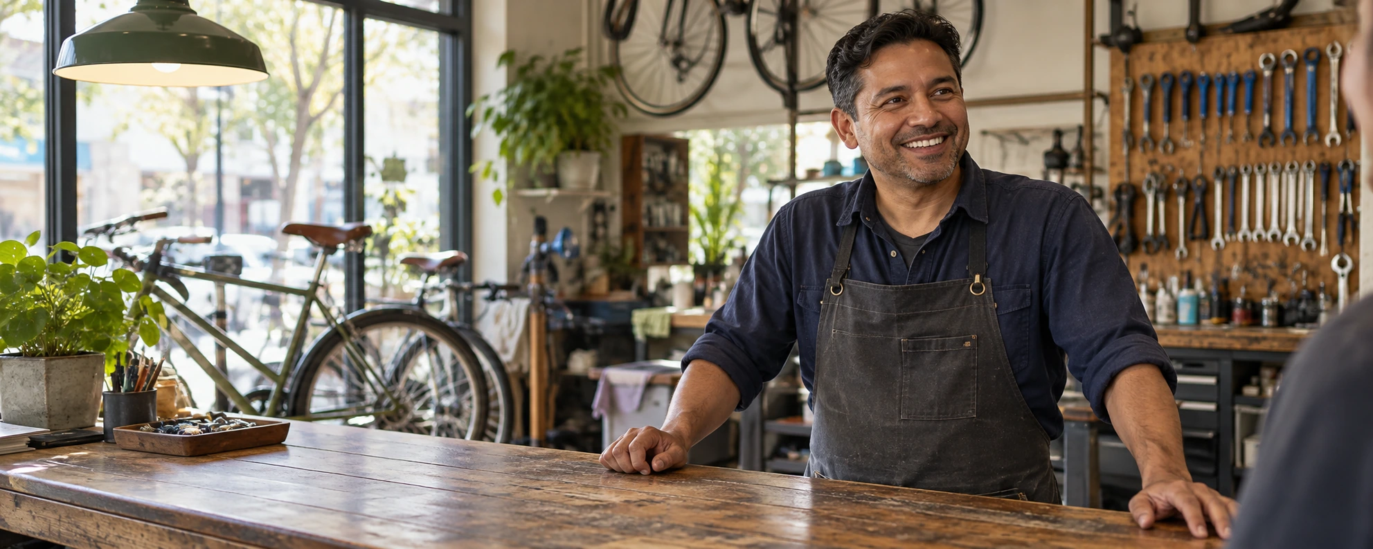 Illustrative photograph of a local bicycle shop owner welcoming a customer